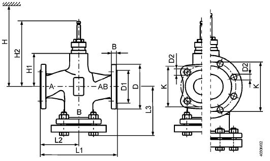 Клапан 2-х ходовой Siemens VVF53 - габаритные размеры